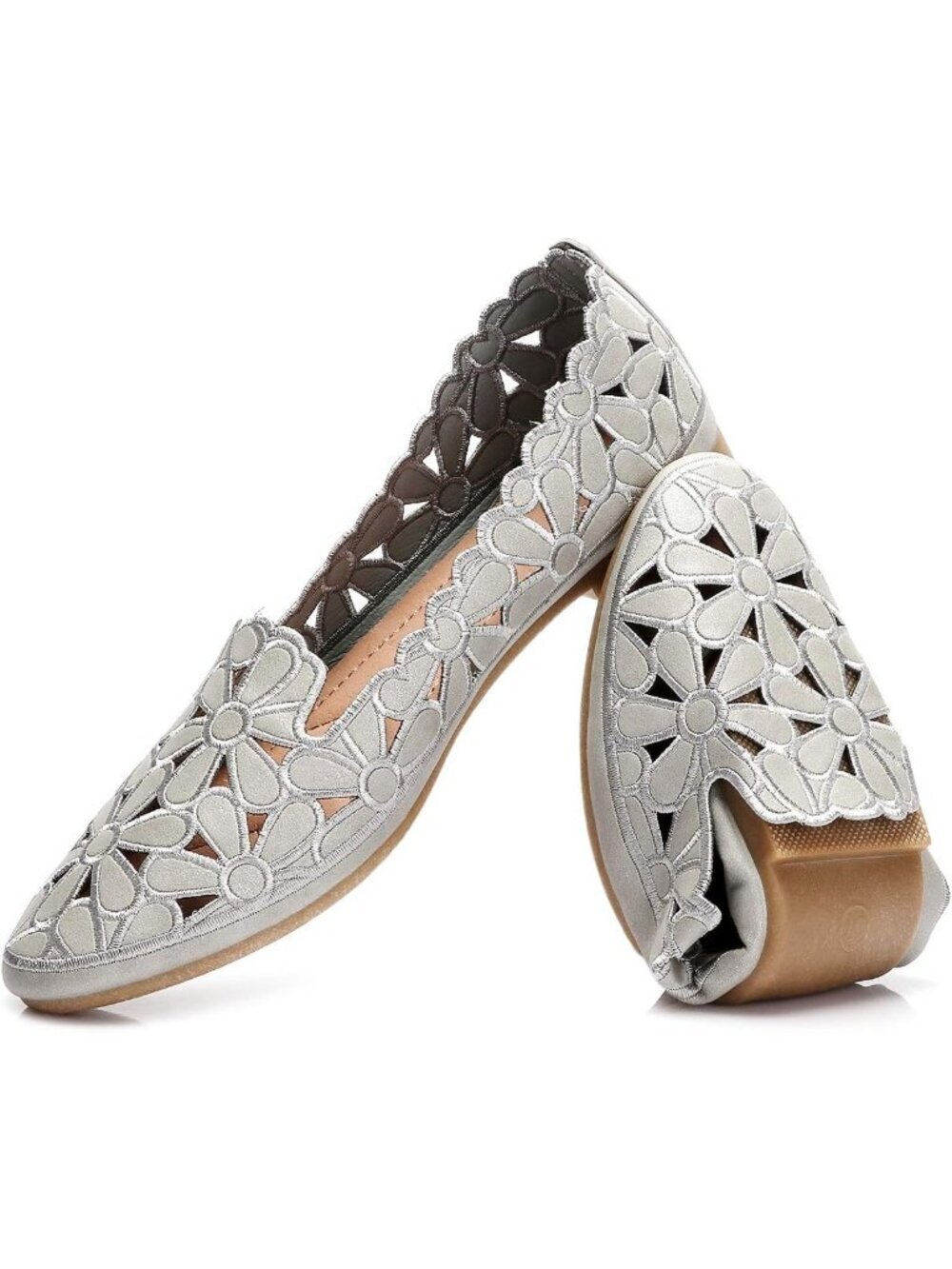 Women's Floral Ballet Flats Grey Slip On PU Leather Round Toe Dress Shoes